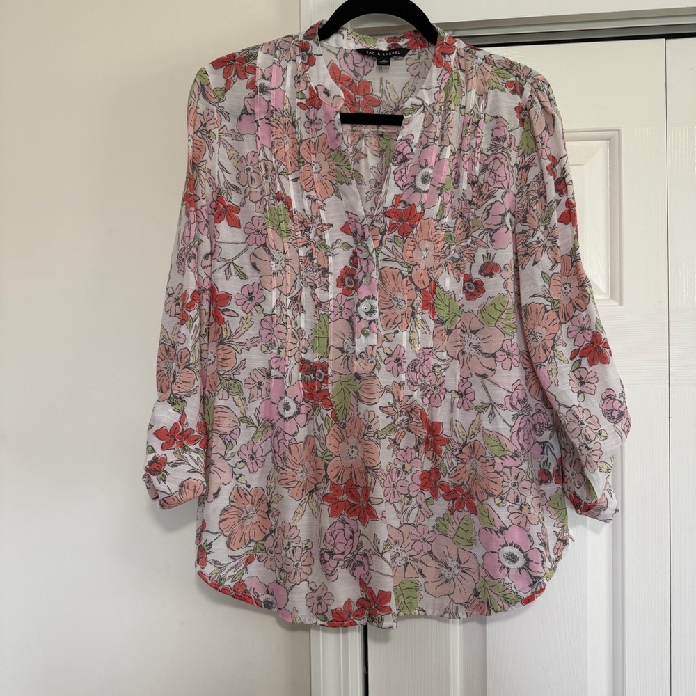 Zac & Rachel Red Pink Floral Blouse Roll Up Sleeves Size Medium